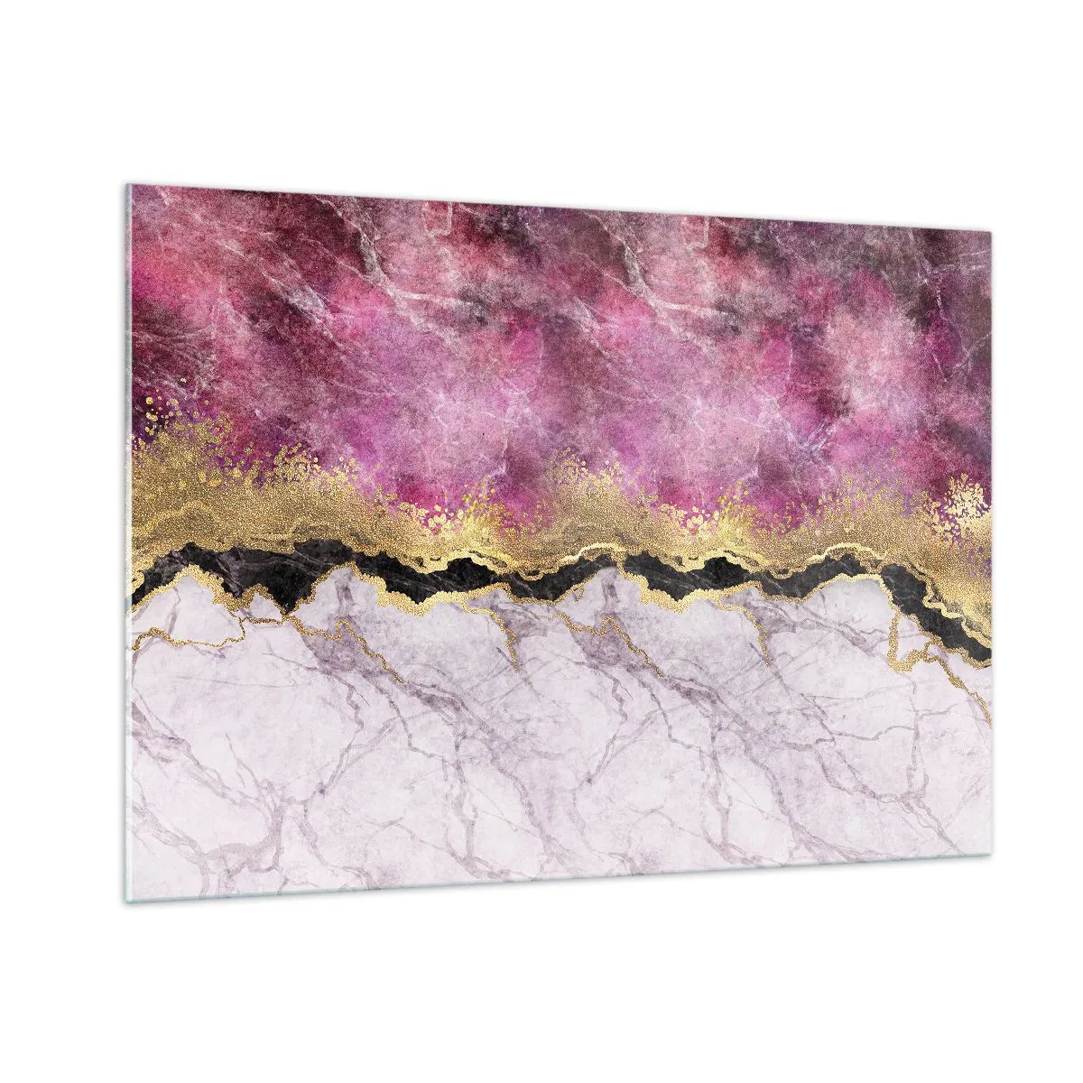 Impression sur verre - Image sur verre - Composition abstraite en marbre avec des accents dorés et violets - 100x70cm - À la frontière - Décoration murale moderne pour le salon et la chambre ARTTOR