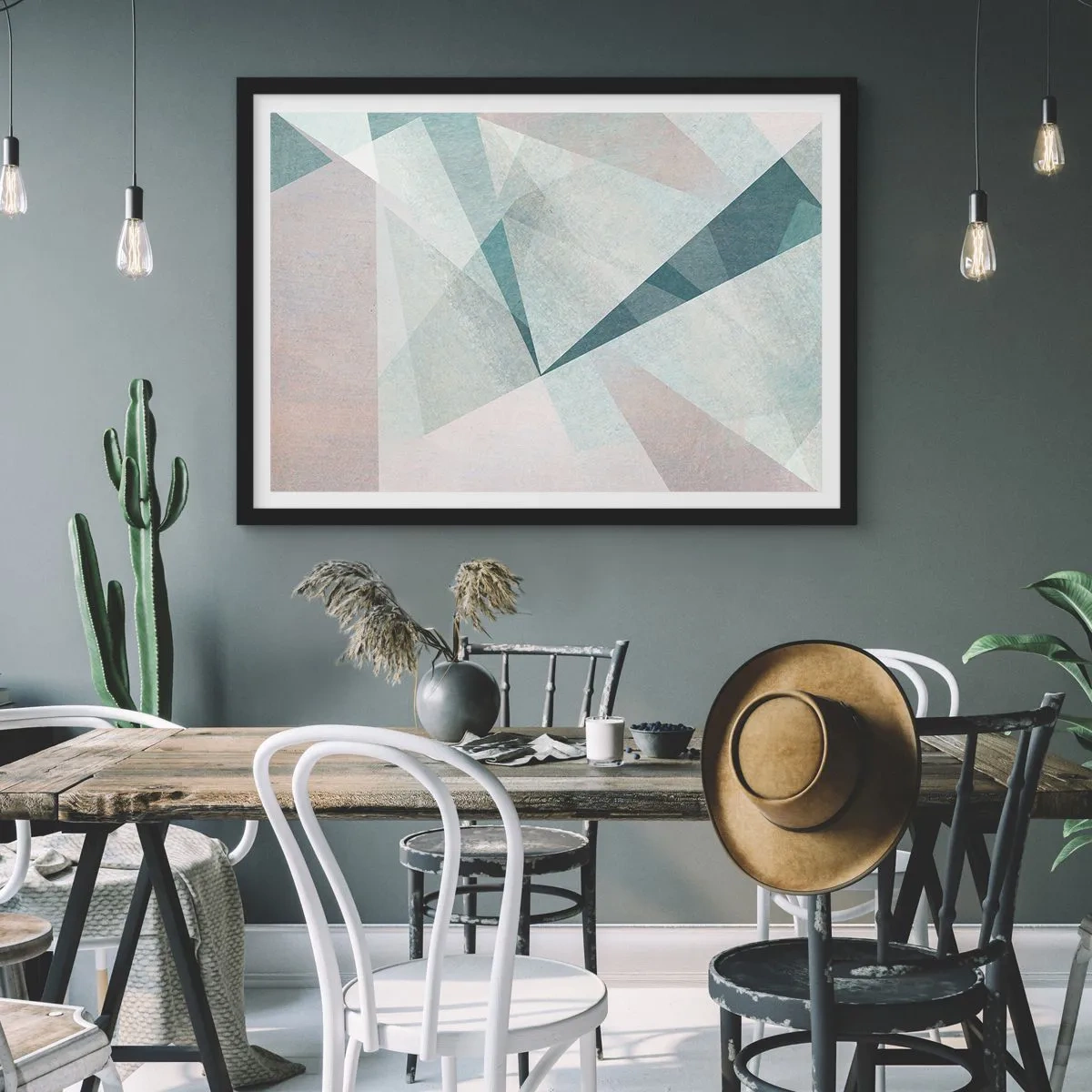 Affiche dans un cadre noir - Poster - Formes géométriques dans des tons pastel de bleu et de gris - 70x50cm - Calme bien que dynamique - Décoration murale moderne pour le salon et la chambre ARTTOR