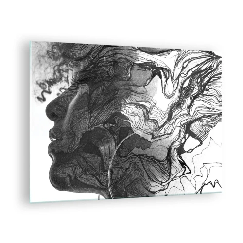 Impression sur verre - Image sur verre - Silhouette noire et blanche d'une femme avec des lignes abstraites - 70x50cm - Emmêlé dans les rêves - Décoration murale moderne pour le salon et la chambre ARTTOR