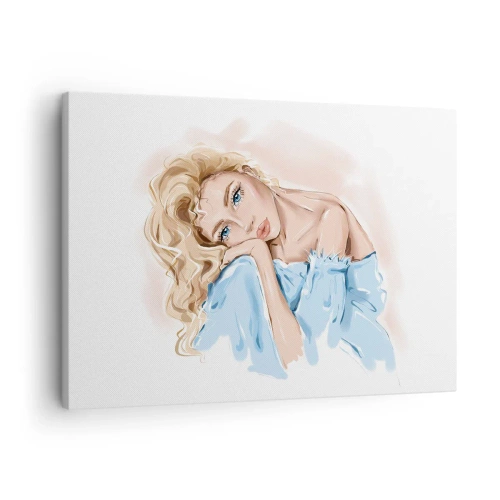 Impression sur toile - Image sur toile - Portrait d'une femme en robe bleue aux cheveux blonds - 70x50cm - Rêveuse en bleu - Décoration murale moderne pour le salon et la chambre ARTTOR