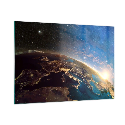 Impression sur verre - Image sur verre - Une vue de la Terre depuis l'espace avec le lever du soleil visible - 100x70cm - Regardons-nous de loin - Décoration murale moderne pour le salon et la chambre ARTTOR