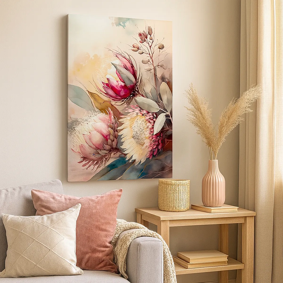 Impression sur toile - Image sur toile - Fleurs de Protea aux tons pastel délicats - 50x70cm - De profil et de face - Décoration murale moderne pour le salon et la chambre ARTTOR