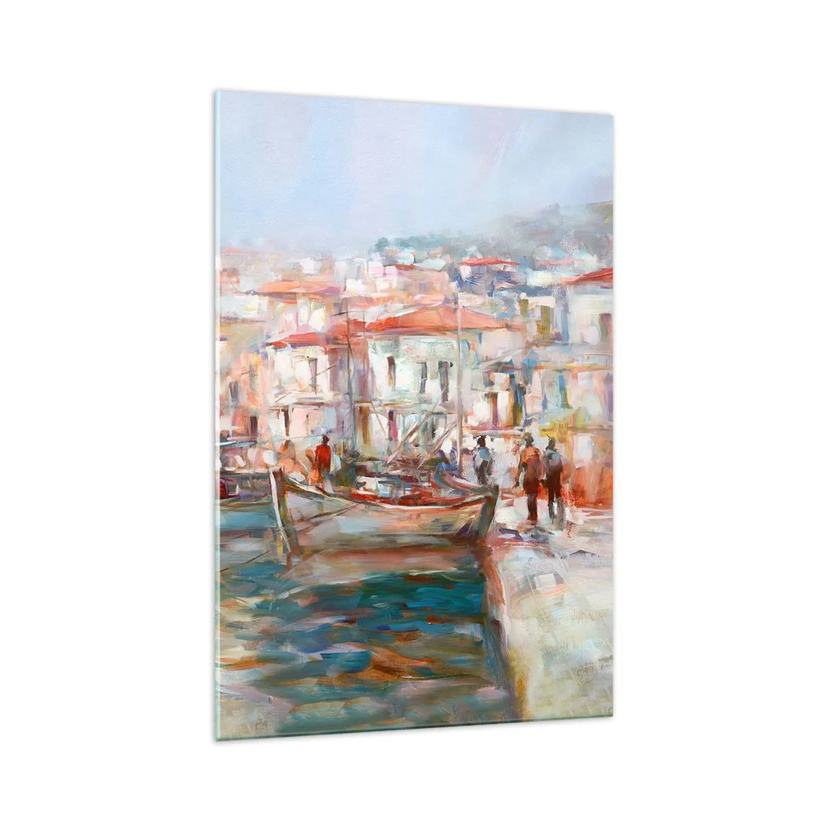 Impression sur verre - Image sur verre - Impression de port avec bateaux et bâtiments - 70x100cm - Vacances pastelles - Décoration murale moderne pour le salon et la chambre ARTTOR