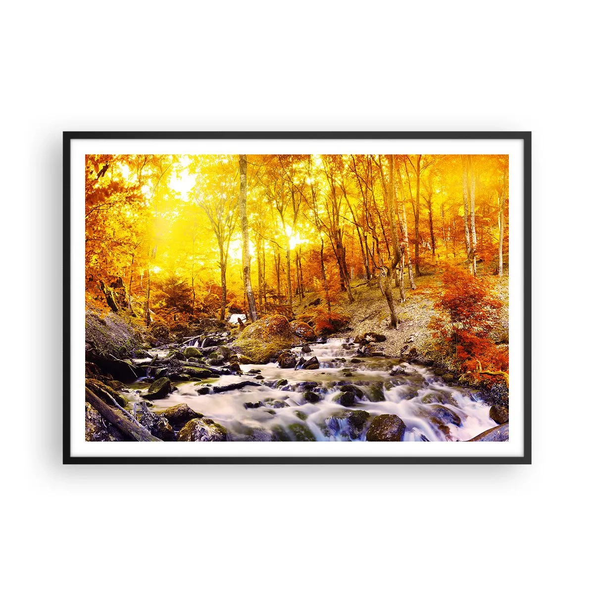 Affiche dans un cadre noir - Poster - Forêt d'automne avec un ruisseau parmi les feuilles dorées - 100x70cm - Pierres serties d'or et de platine - Décoration murale moderne pour le salon et la chambre ARTTOR