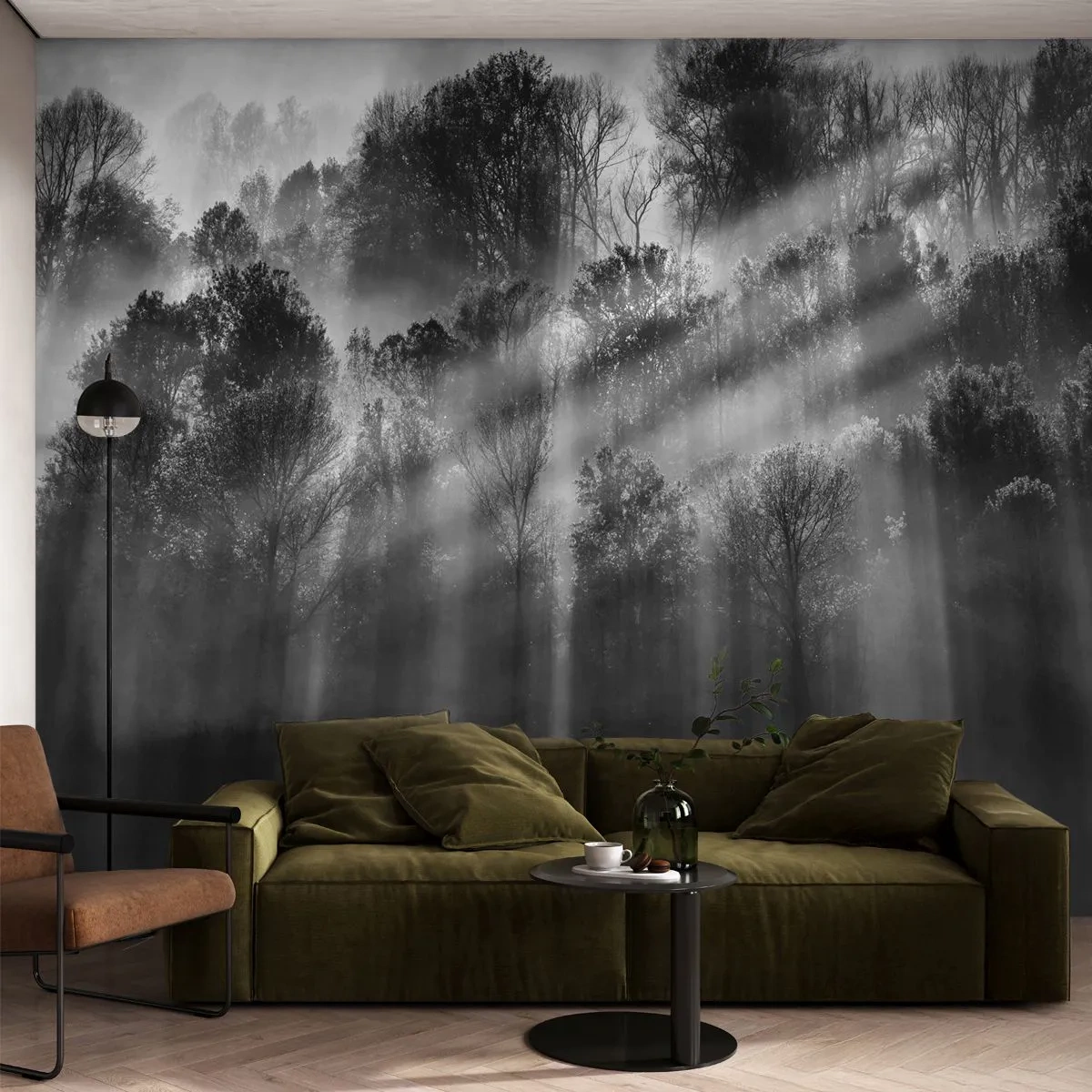 Papier Peint Photo Premium Sand - Dans les flots de lumière - Paysage, Forêt, Noir et blanc - 350x256 cm