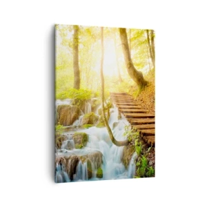 Impression sur toile - Image sur toile - Chemin forestier avec escaliers en bois près de la cascade - 50x70cm - Une fraîcheur tant désirée - Décoration murale moderne pour le salon et la chambre ARTTOR