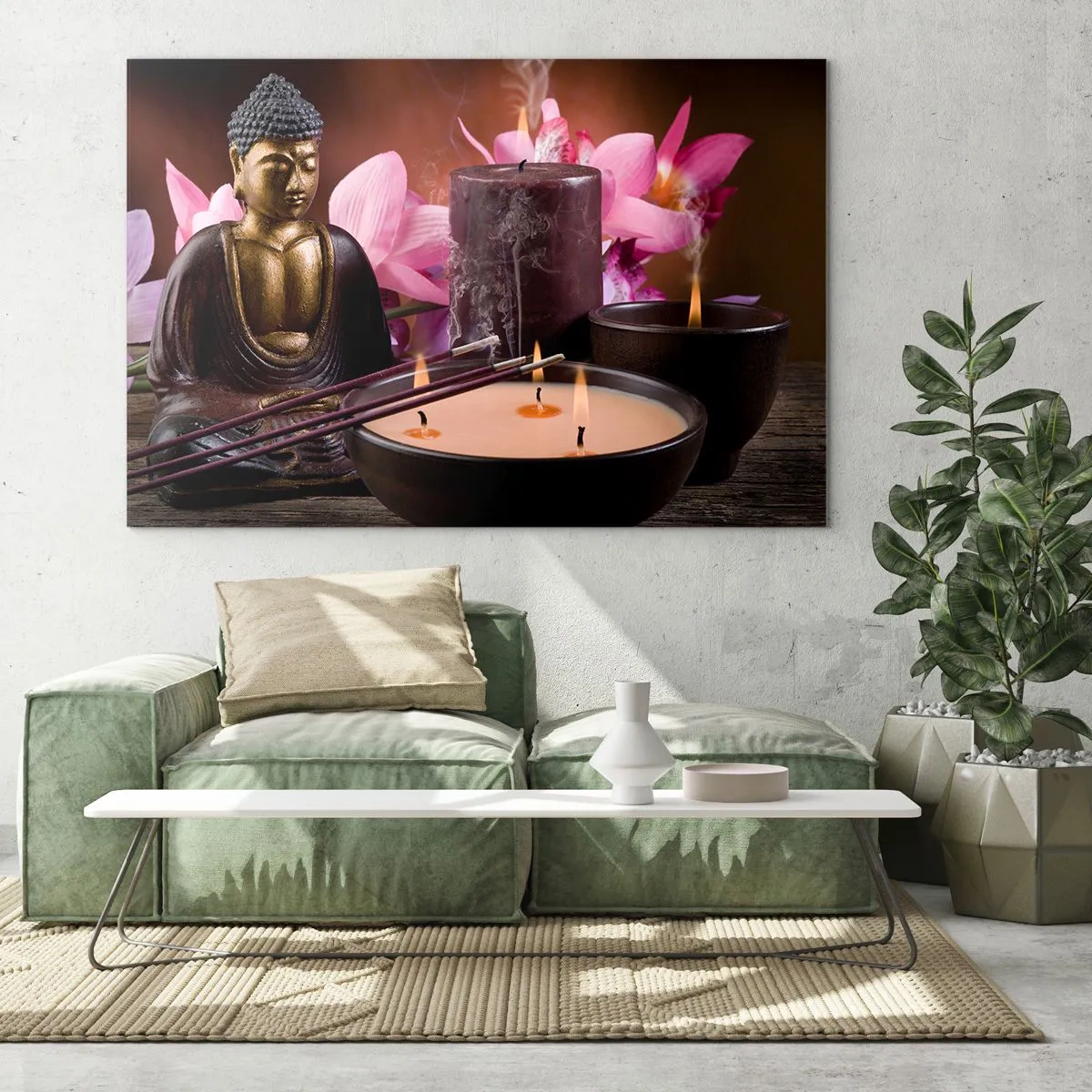 Impression sur verre - Image sur verre - Composition de relaxation avec Bouddha, bougies et fleurs - 120x80cm - Vider l'esprit, calmer le corps - Décoration murale moderne pour le salon et la chambre ARTTOR