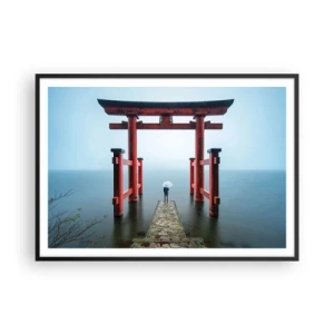 Affiche dans un cadre noir - Poster - Un portail torii surplombant un lac tranquille au Japon - 100x70cm - Rêverie japonnaise - Décoration murale moderne pour le salon et la chambre ARTTOR
