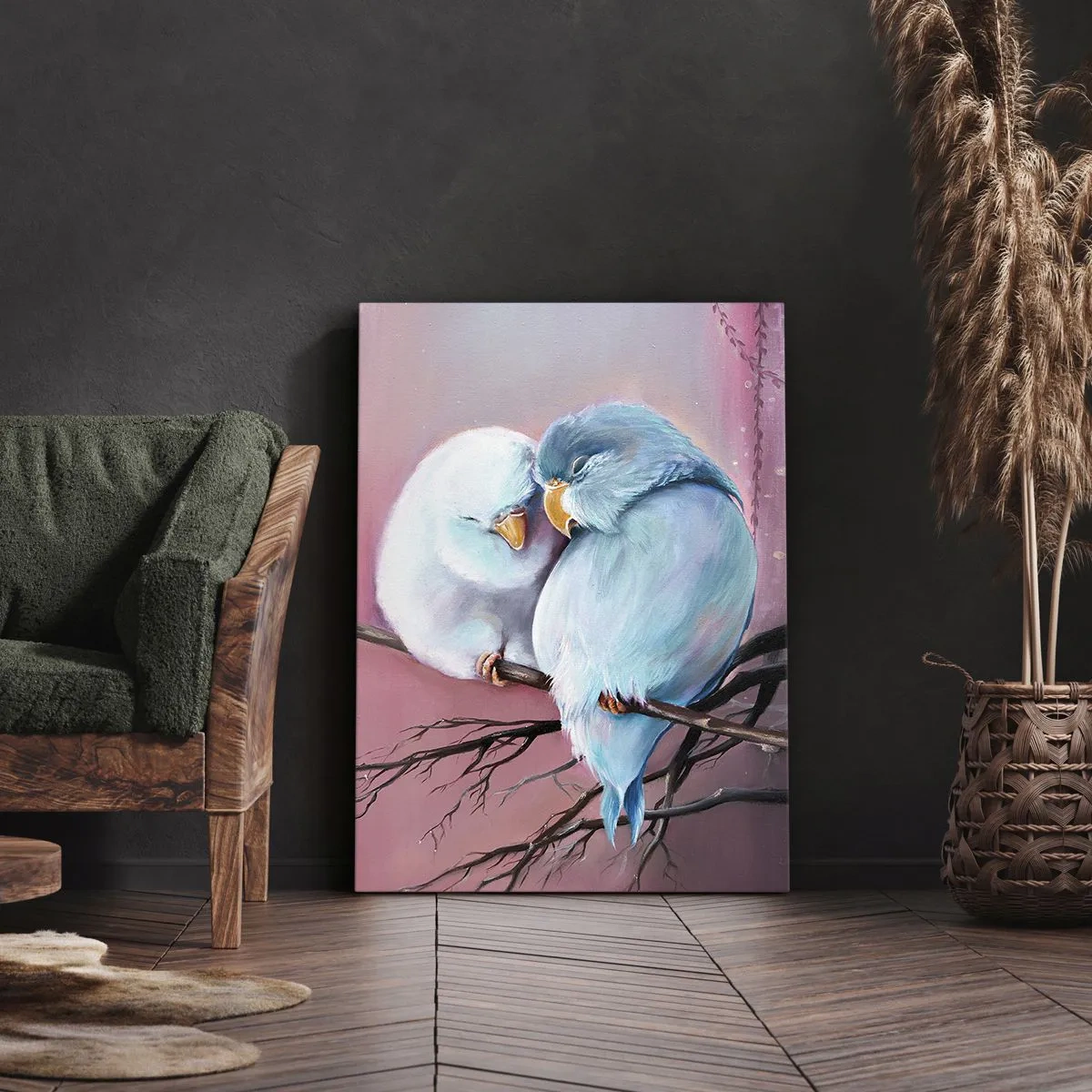 Impression sur toile - Image sur toile - Deux oiseaux amoureux sur une branche sur fond rose - 50x70cm - Que dire de plus?... - Décoration murale moderne pour le salon et la chambre ARTTOR