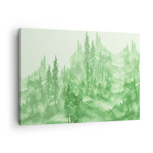 Impression sur toile - Image sur toile - Forêt verte dans un style aquarelle sur un fond clair - 70x50cm - Flou de brouillard vert - Décoration murale moderne pour le salon et la chambre ARTTOR