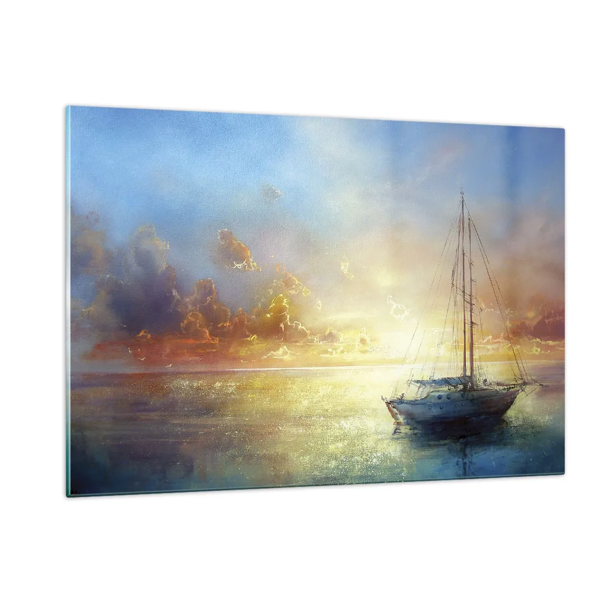 Impression sur verre - Image sur verre - Un voilier sur une mer calme au coucher du soleil doré - 120x80cm - Dans une baie dorée - Décoration murale moderne pour le salon et la chambre ARTTOR