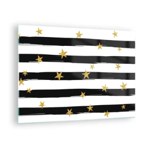 Impression sur verre - Image sur verre - Rayures noires et blanches avec étoiles dorées - 70x50cm - Nous sommes tous nés sous une bonne étoile - Décoration murale moderne pour le salon et la chambre ARTTOR