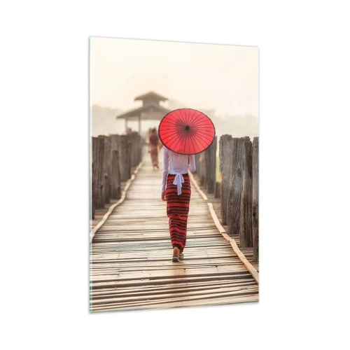 Impression sur verre - Image sur verre - Une femme avec un parapluie rouge sur un pont en bois - 80x120cm - Sur le vieux pont - Décoration murale moderne pour le salon et la chambre ARTTOR