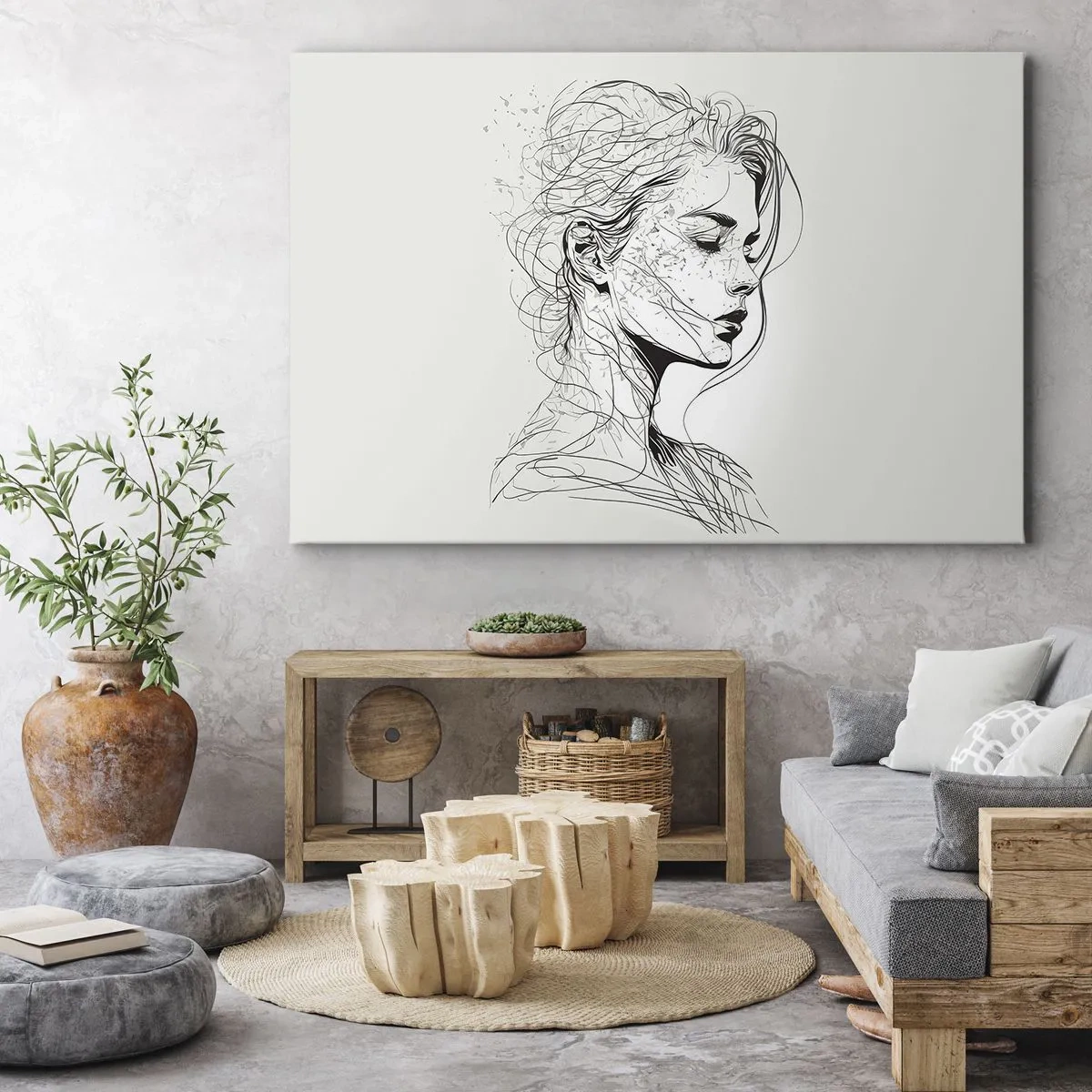 Impression sur toile - Image sur toile - Un portrait délicat d'une femme dans un style graphique minimaliste. - 70x50cm - Portrait en pensée - Décoration murale moderne pour le salon et la chambre ARTTOR