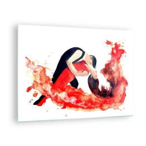 Impression sur verre - Image sur verre - Un couple dansant dans une composition dynamique à l'aquarelle rouge - 70x50cm - Tango - une vague sensuelle - Décoration murale moderne pour le salon et la chambre ARTTOR