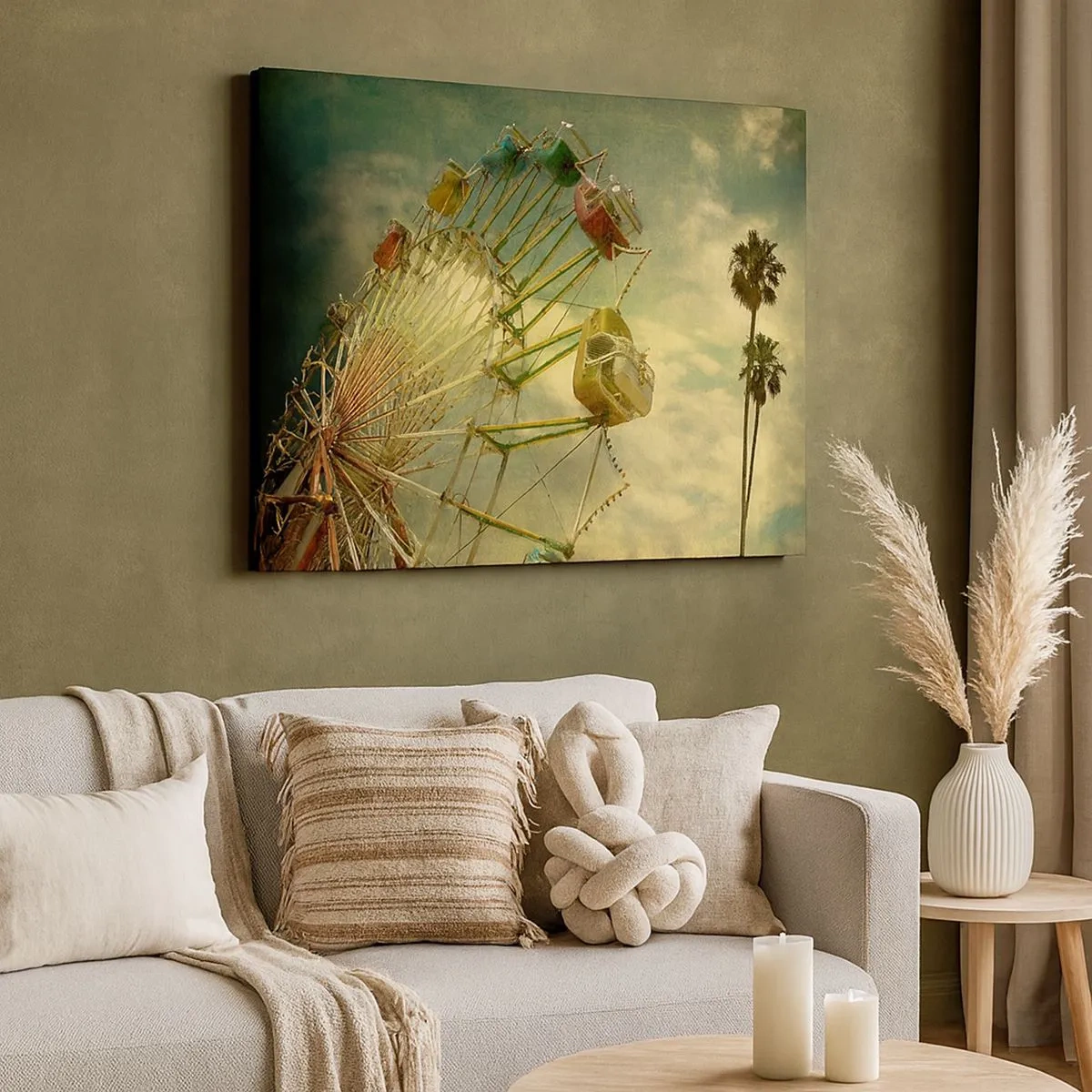 Impression sur toile - Image sur toile - Photo rétro d'une grande roue avec des palmiers contre le ciel - 70x50cm - On va faire la fête - Décoration murale moderne pour le salon et la chambre ARTTOR