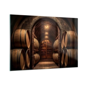 Impression sur verre - Image sur verre - Un vignoble avec des barriques et une cave éclairée pleine de bouteilles - 100x70cm - Cave climatisée - Décoration murale moderne pour le salon et la chambre ARTTOR
