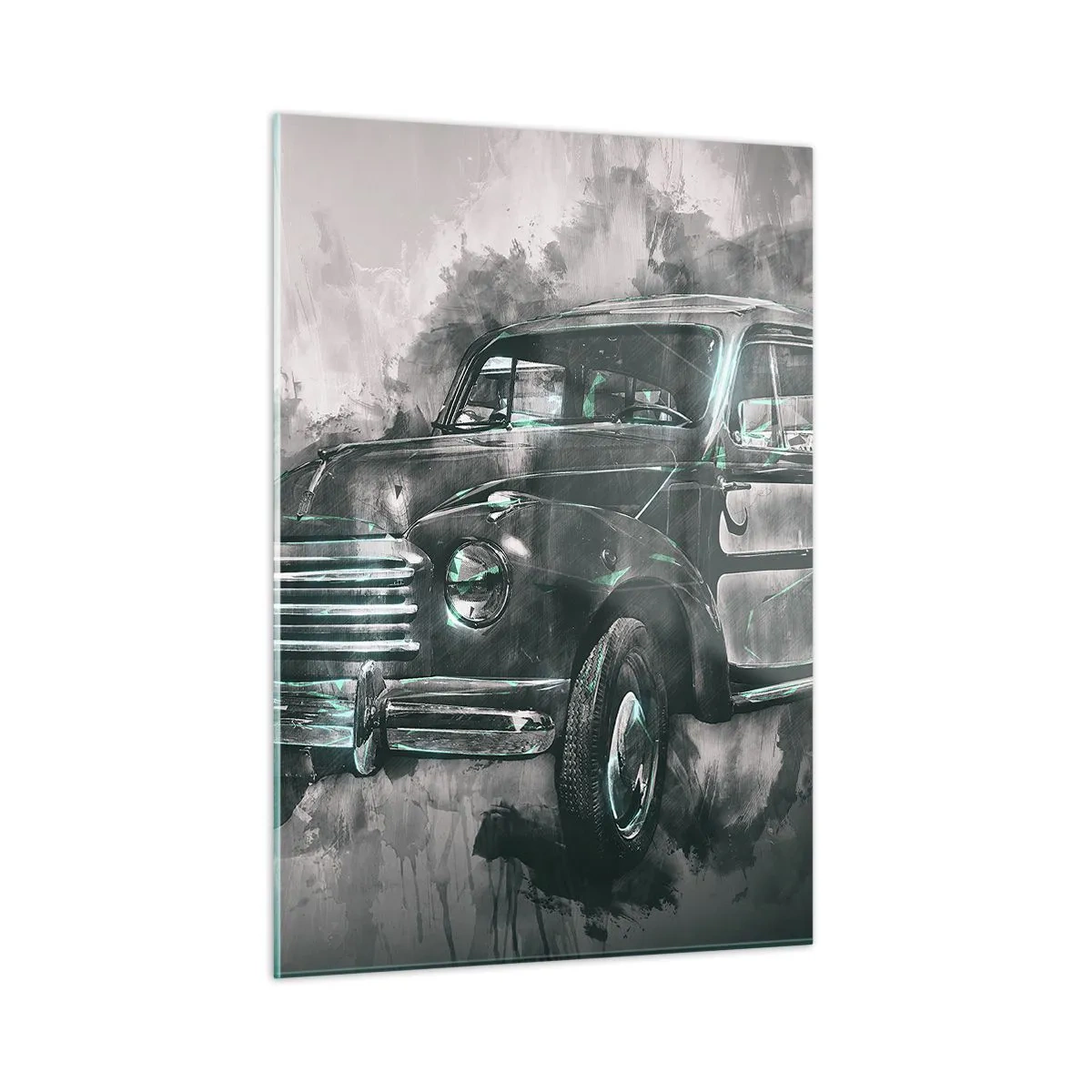 Impression sur verre - Image sur verre - Une vieille voiture aux tons gris et turquoise - 50x70cm - Ancêtre respecté - Décoration murale moderne pour le salon et la chambre ARTTOR