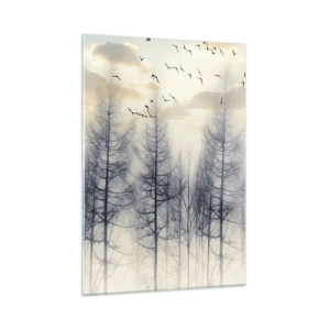 Impression sur verre - Image sur verre - Une forêt brumeuse avec des oiseaux, illuminée par le soleil levant - 50x70cm - L'âme de la forêt - Décoration murale moderne pour le salon et la chambre ARTTOR