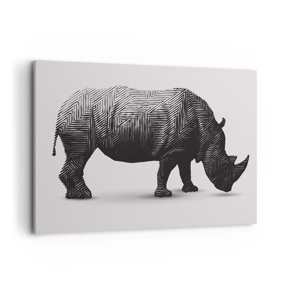 Impression sur toile - Image sur toile - Silhouette graphique d'un rhinocéros dans un motif noir et blanc - 120x80cm - Beauté géométrique de la nature - Décoration murale moderne pour le salon et la chambre ARTTOR