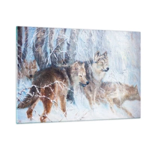 Impression sur verre - Image sur verre - Trois loups dans une forêt hivernale entourée de neige - 120x80cm - Attention! Ca arrive ... - Décoration murale moderne pour le salon et la chambre ARTTOR