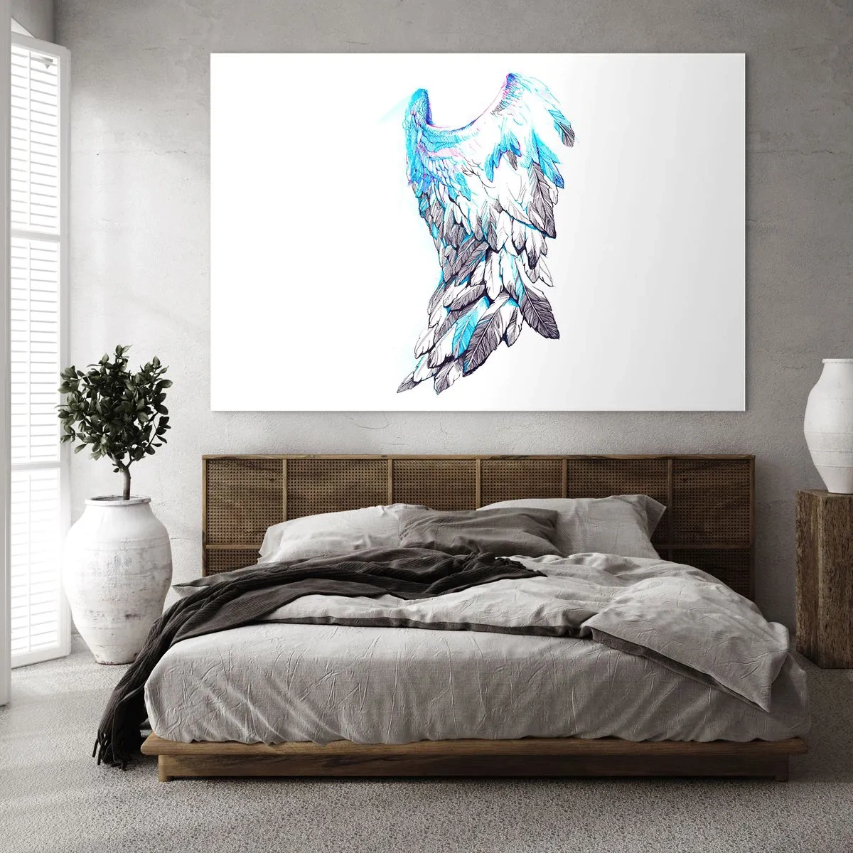 Impression sur verre - Image sur verre - Ailes d'ange dans les tons de bleu et de gris - 100x70cm - j'ai besoin d'ailes - Décoration murale moderne pour le salon et la chambre ARTTOR