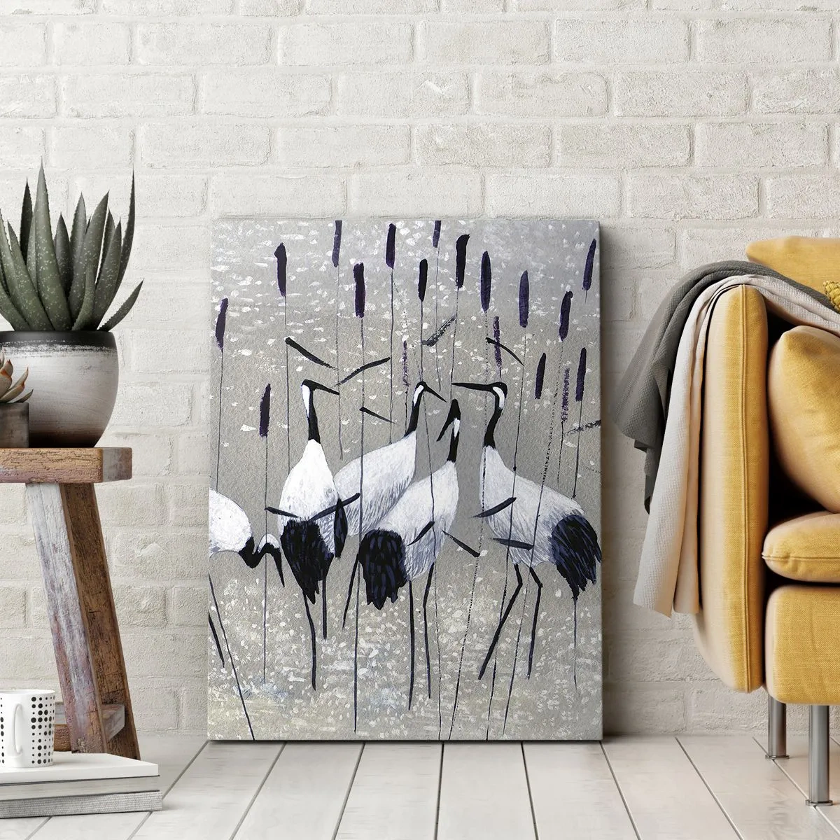 Impression sur toile - Image sur toile - Hérons dans l'herbe sur un fond paisible - 50x70cm - Parmi les siens - Décoration murale moderne pour le salon et la chambre ARTTOR