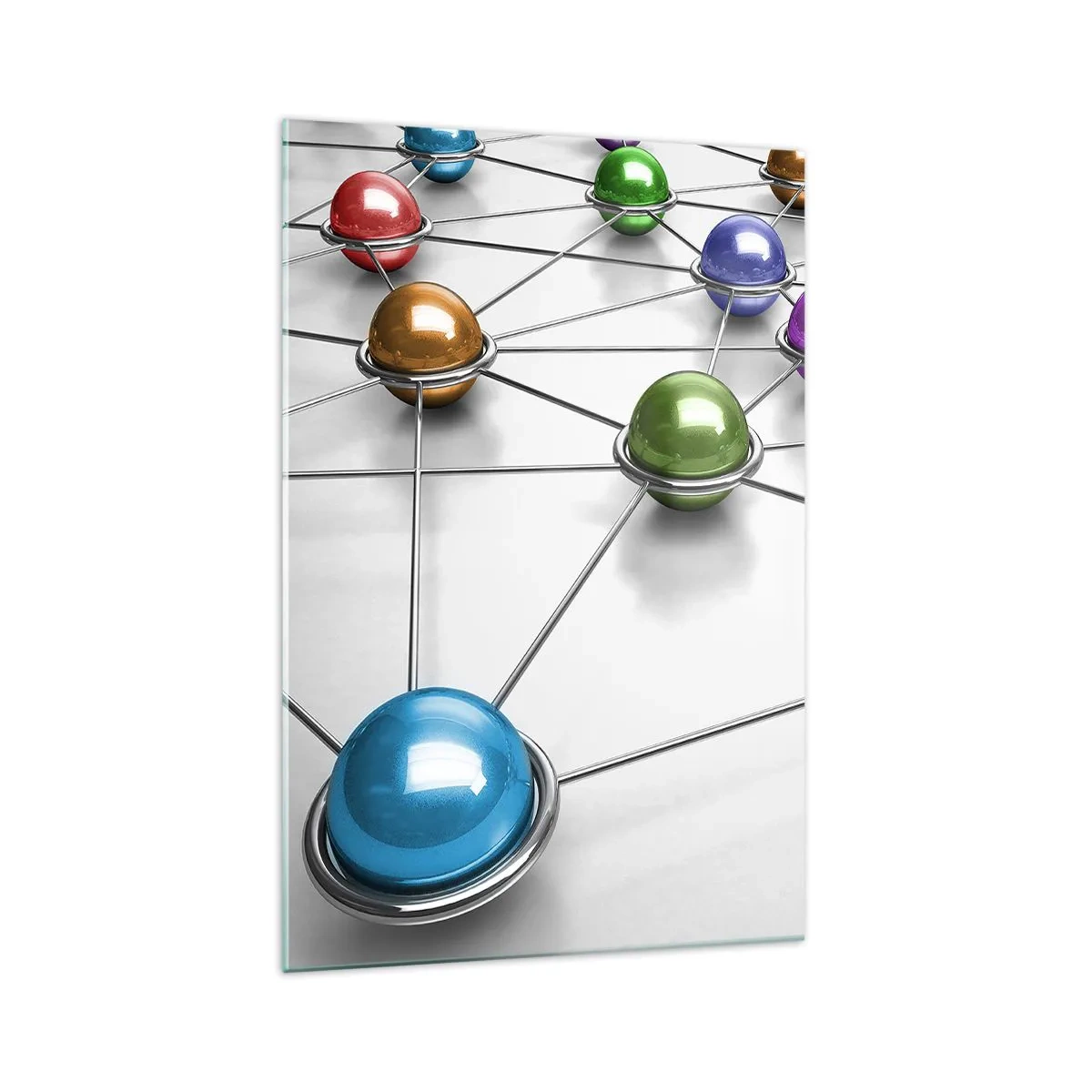 Impression sur verre - Image sur verre - Boules colorées reliées par de fines lignes sur fond blanc - 70x100cm - Toile d'araignée cosmique - Décoration murale moderne pour le salon et la chambre ARTTOR