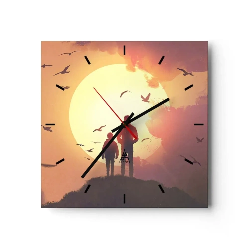 Horloge murale - Pendule murale - Personnages sur fond de soleil couchant - 30x30cm - Face à face avec le soleil - Décoration murale moderne pour le salon et la chambre ARTTOR