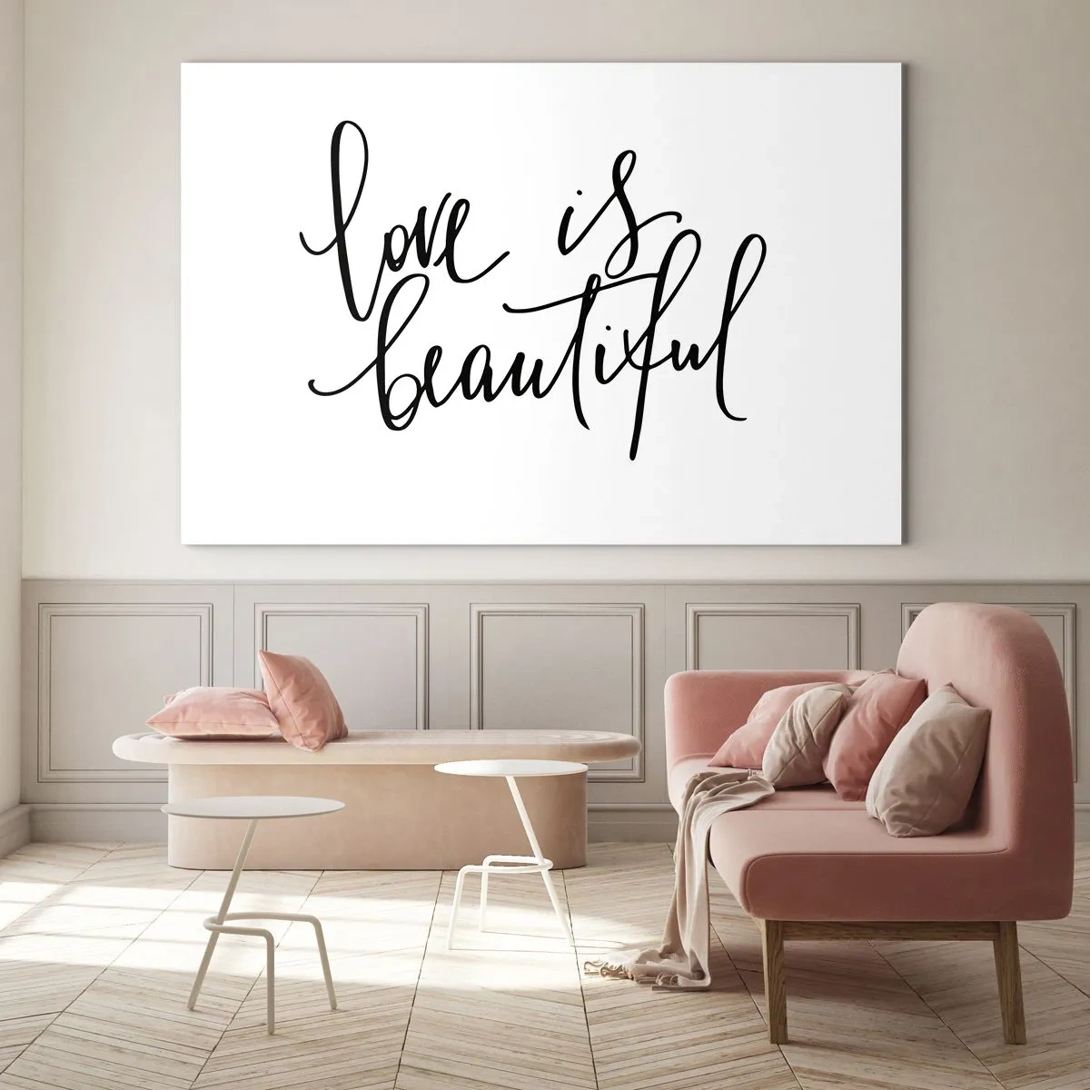 Impression sur verre - Image sur verre - La citation « l'amour est beau » dans un style élégant et manuscrit sur fond blanc - 100x70cm - Lire et répéter - Décoration murale moderne pour le salon et la chambre ARTTOR