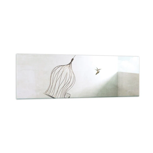 Impression sur verre - Image sur verre - Un oiseau libéré d'une cage sur fond de ciel lumineux - 160x50cm - Dans son élément - Décoration murale moderne pour le salon et la chambre ARTTOR