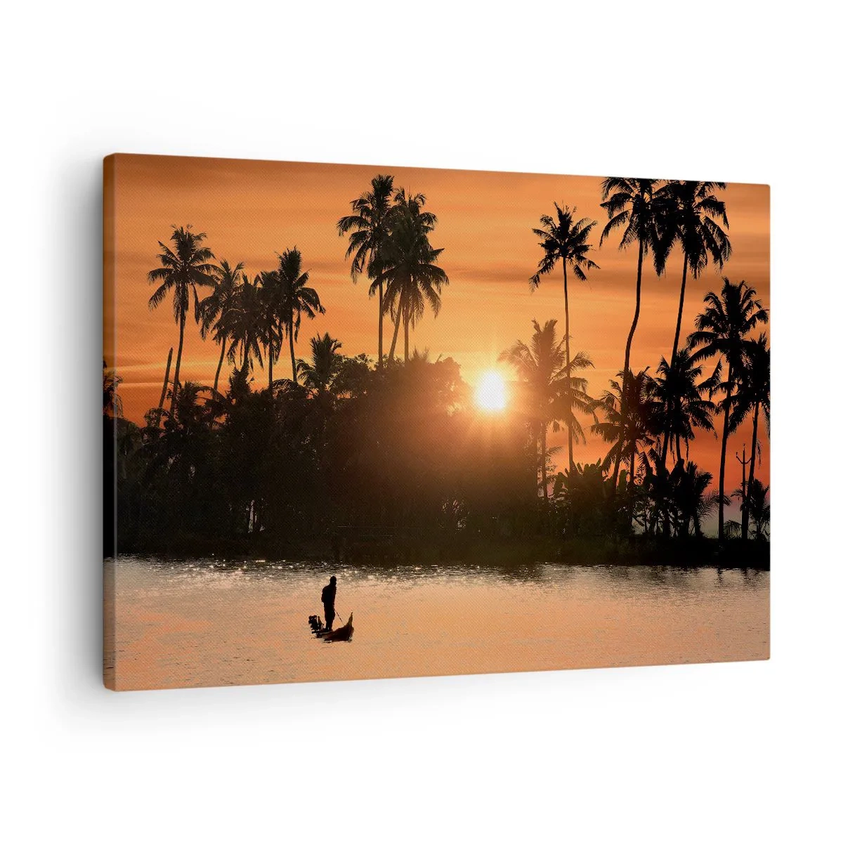 Impression sur toile - Image sur toile - Coucher de soleil sur les palmiers et un lac calme avec un bateau - 70x50cm - Il est temps de se détendre - Décoration murale moderne pour le salon et la chambre ARTTOR