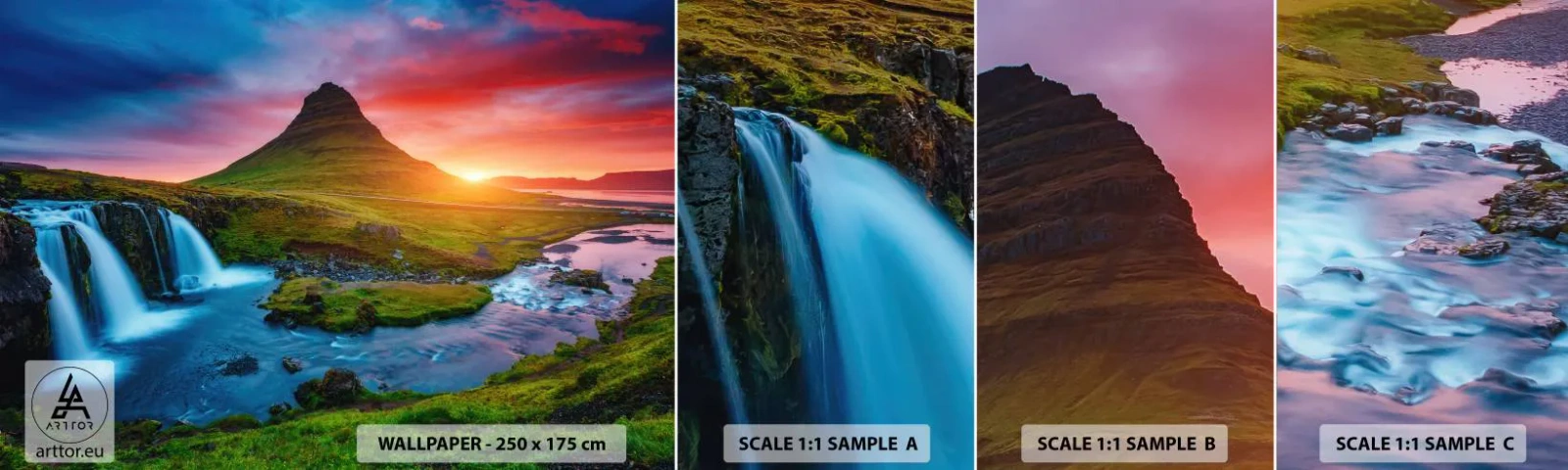 Échantillon de Papier Peint Autocollant Deluxe Sticker - Islande - feu et eau - Paysage, Islande, Kirkjufellsfoss - 100x30 cm
