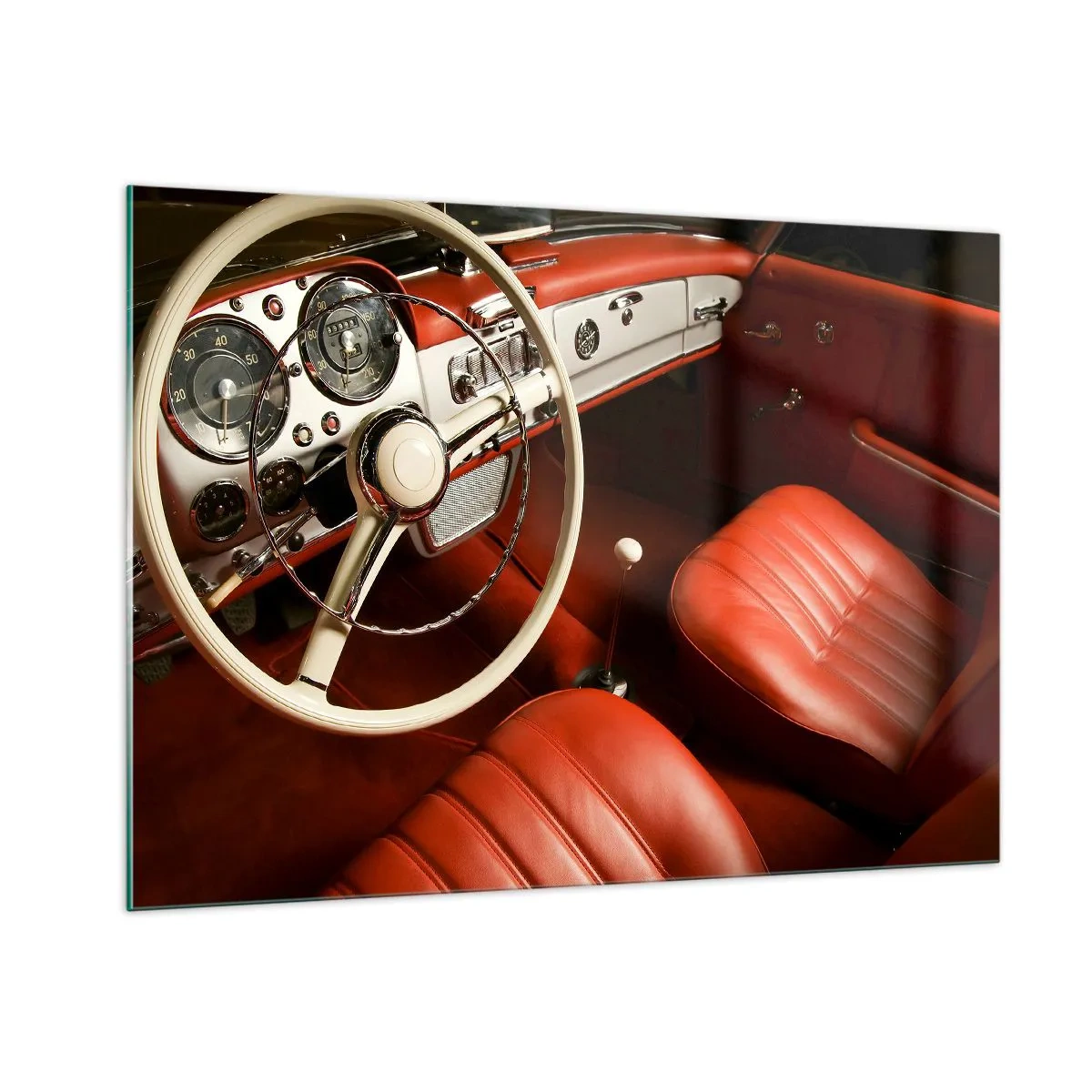 Impression sur verre - Image sur verre - Intérieur de voiture classique avec sièges rouges - 100x70cm - Luxe de style vintage - Décoration murale moderne pour le salon et la chambre ARTTOR
