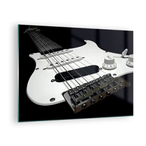 Impression sur verre - Image sur verre - Gros plan d'une guitare électrique blanche sur un fond sombre - 70x50cm - Son caché en blanc - Décoration murale moderne pour le salon et la chambre ARTTOR