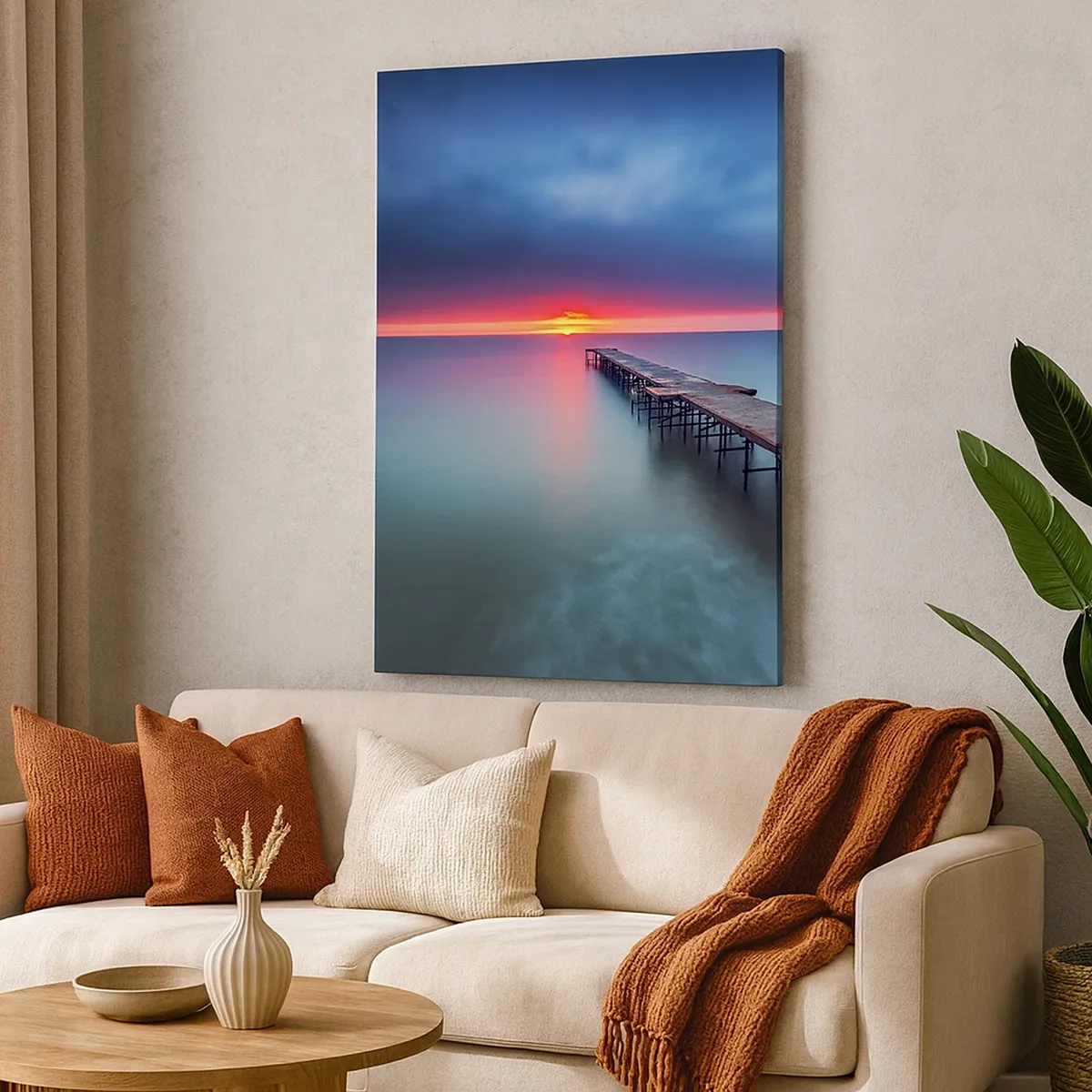 Impression sur toile - Image sur toile - Une jetée en bois menant directement à la mer au coucher du soleil - 50x70cm - Entre le ciel et la terre - Décoration murale moderne pour le salon et la chambre ARTTOR