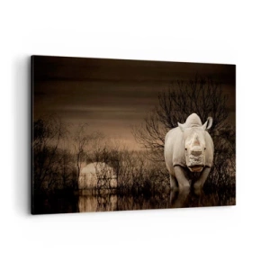 Impression sur toile - Image sur toile - Rhinocéros parmi les arbres au coucher du soleil, nature sauvage. - 120x80cm - Blanc contre nature - Décoration murale moderne pour le salon et la chambre ARTTOR