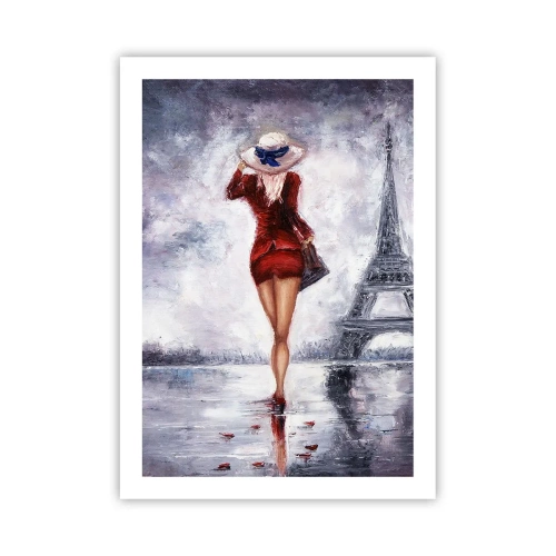 Affiche - Poster - Une femme en robe rouge marchant vers la Tour Eiffel - 50x70cm - Symbole parisien - Décoration murale moderne pour le salon et la chambre ARTTOR