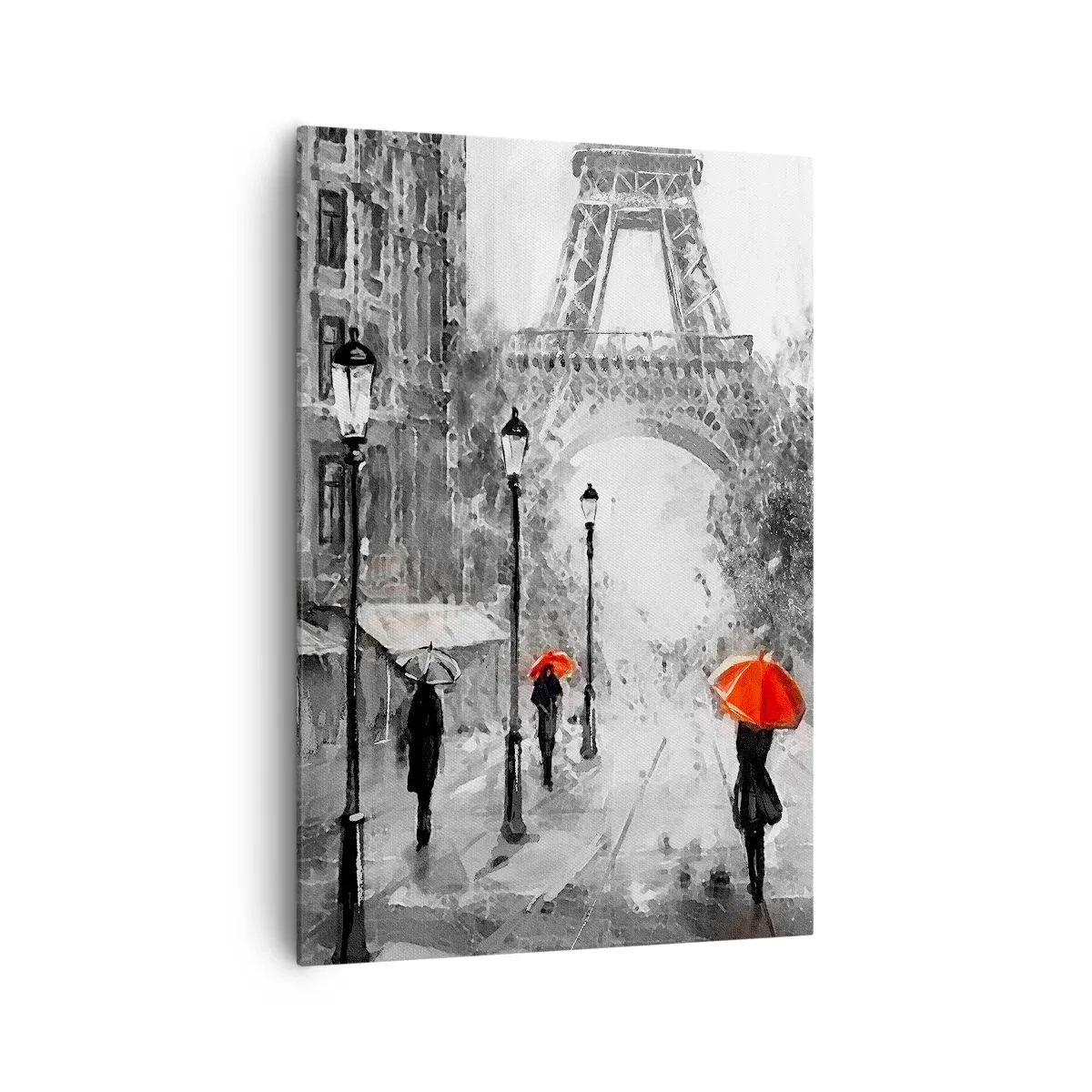 Impression sur toile - Image sur toile - Une rue avec vue sur la Tour Eiffel et des parapluies rouges - 70x100cm - Tous les chemins mènent à elle - Décoration murale moderne pour le salon et la chambre ARTTOR