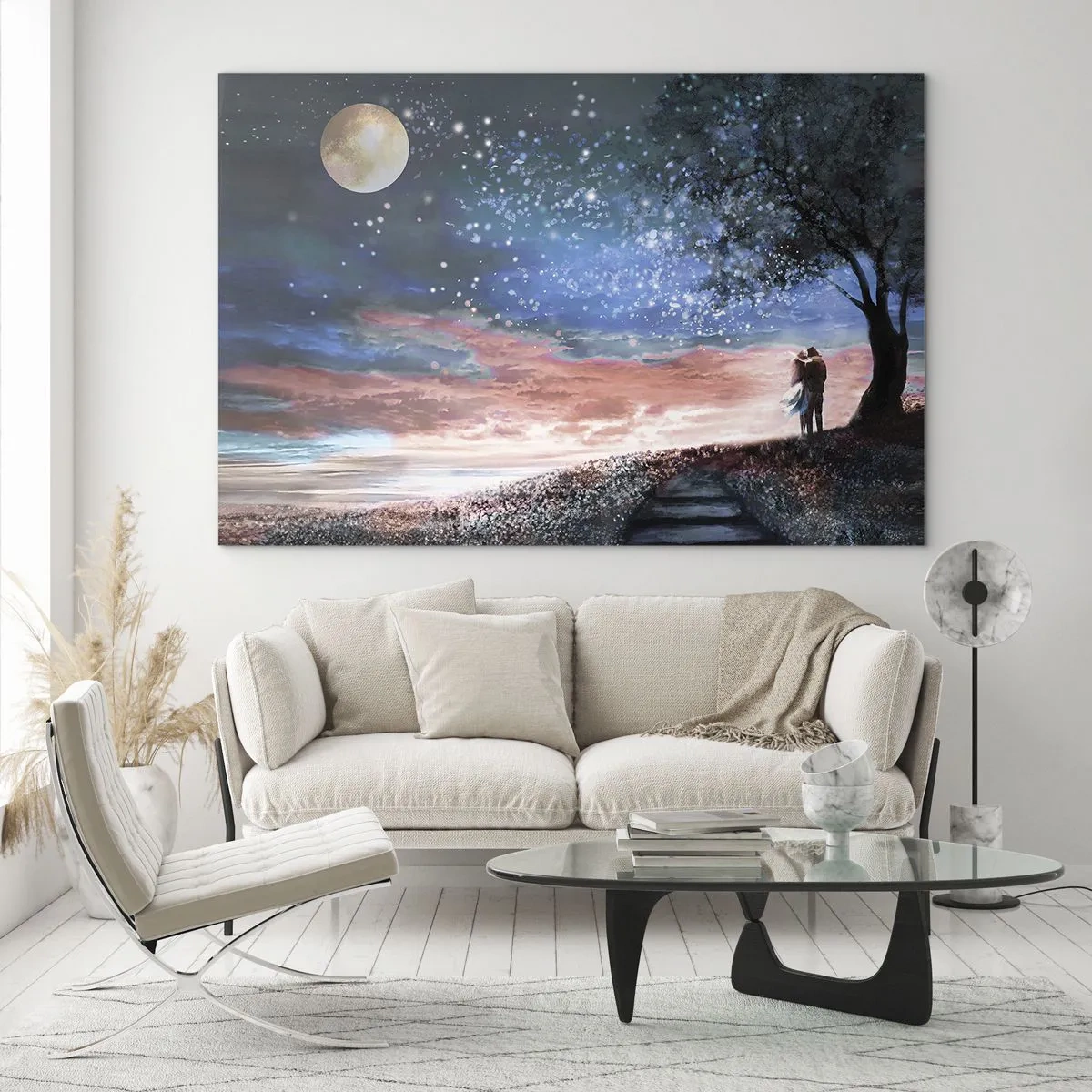 Impression sur verre - Image sur verre - Un couple amoureux sous un arbre avec la lune et les étoiles - 70x50cm - Spectacle étoilé - Décoration murale moderne pour le salon et la chambre ARTTOR
