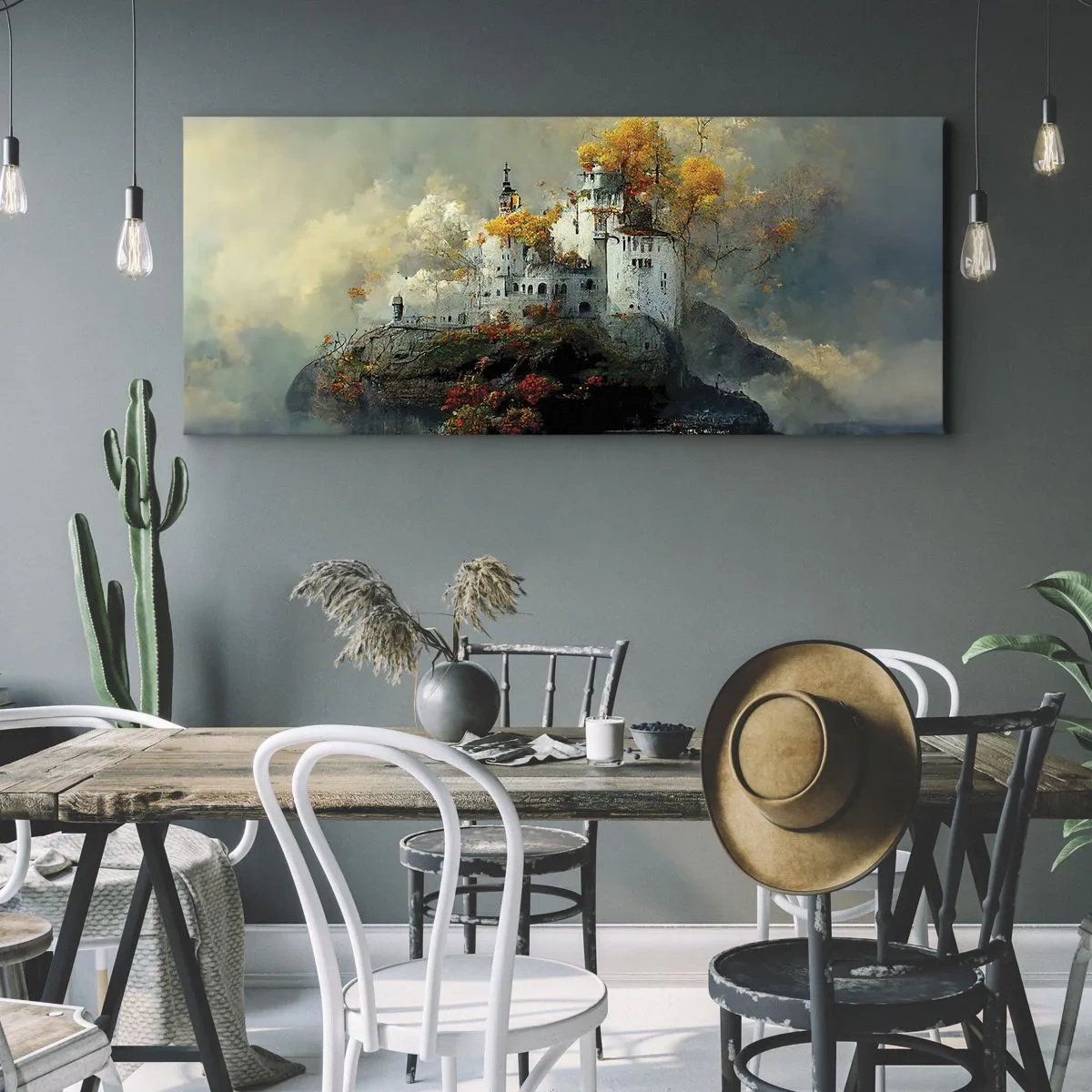 Impression sur toile - Image sur toile - Un château sur une colline entouré d'arbres d'automne - 120x50cm - Le début d'une histoire romantique - Décoration murale moderne pour le salon et la chambre ARTTOR