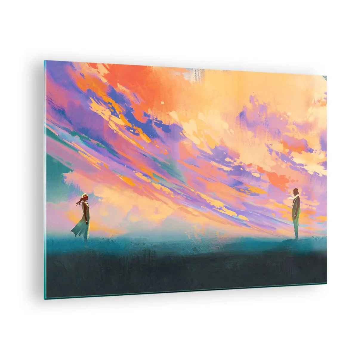Impression sur verre - Image sur verre - Deux personnes sur fond de ciel coucher de soleil coloré - 70x50cm - La force d'attraction - Décoration murale moderne pour le salon et la chambre ARTTOR