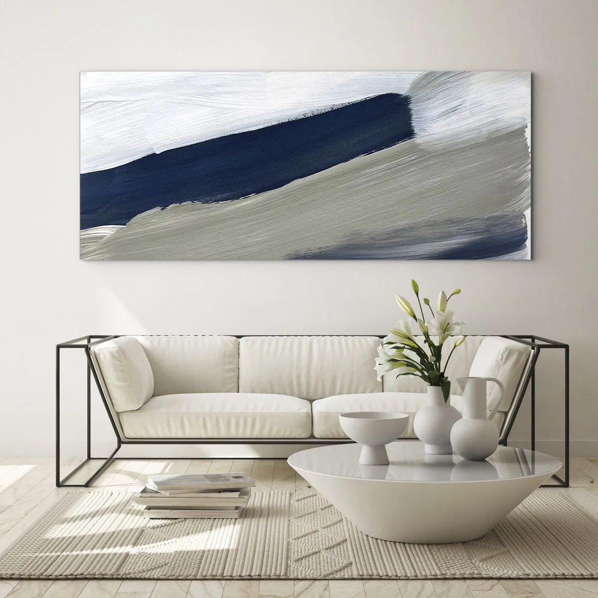 Impression sur verre - Image sur verre - Coups de pinceau abstraits dans des tons de bleu et de gris - 160x50cm - Rencontre avec la blancheur - Décoration murale moderne pour le salon et la chambre ARTTOR