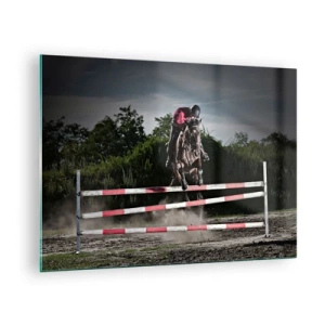 Impression sur verre - Image sur verre - Un cavalier sur un cheval saute par-dessus un obstacle avec la nature en arrière-plan - 70x50cm - Ensemble pour la victoire - Décoration murale moderne pour le salon et la chambre ARTTOR