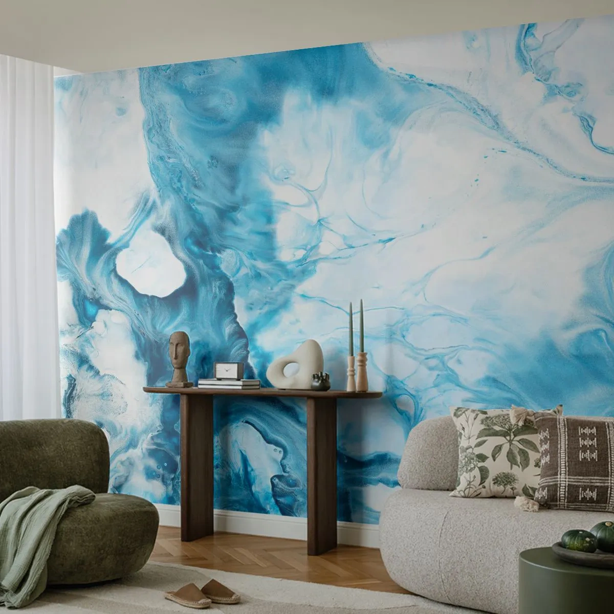 Papier Peint Photo Premium Sand - Composition abstraite de bleu et de blanc - 100x70cm - Concert de bleu - Décoration murale moderne pour le salon et la chambre ARTTOR