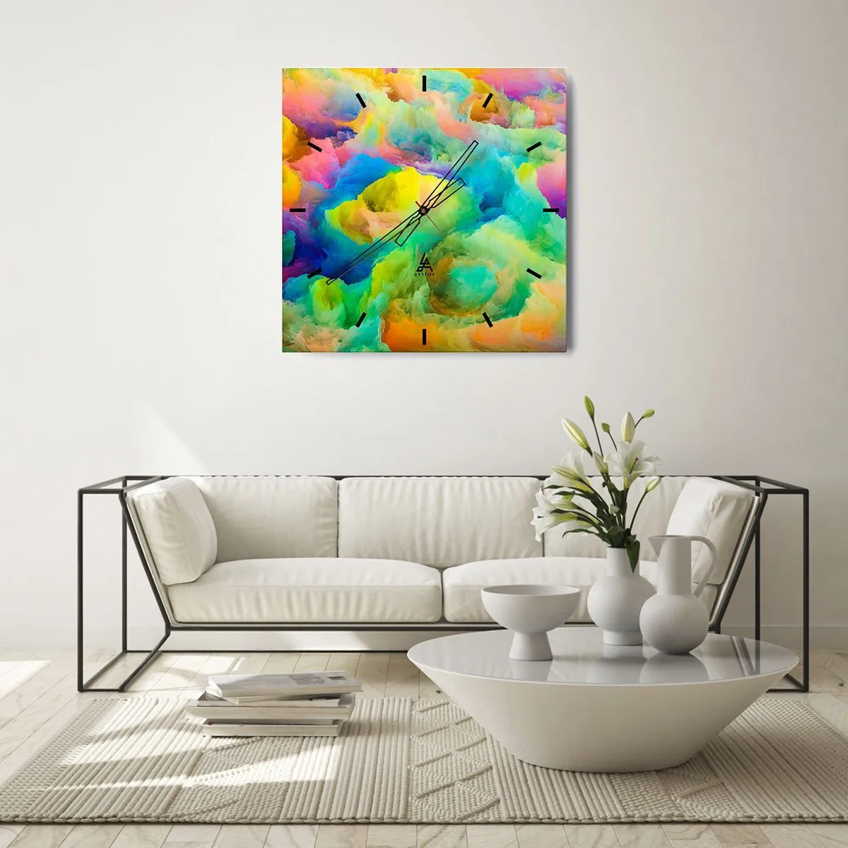 Horloge murale - Pendule murale - Composition abstraite aux couleurs de l'arc-en-ciel - 30x30cm - Plumule arc-en-ciel - Décoration murale moderne pour le salon et la chambre ARTTOR