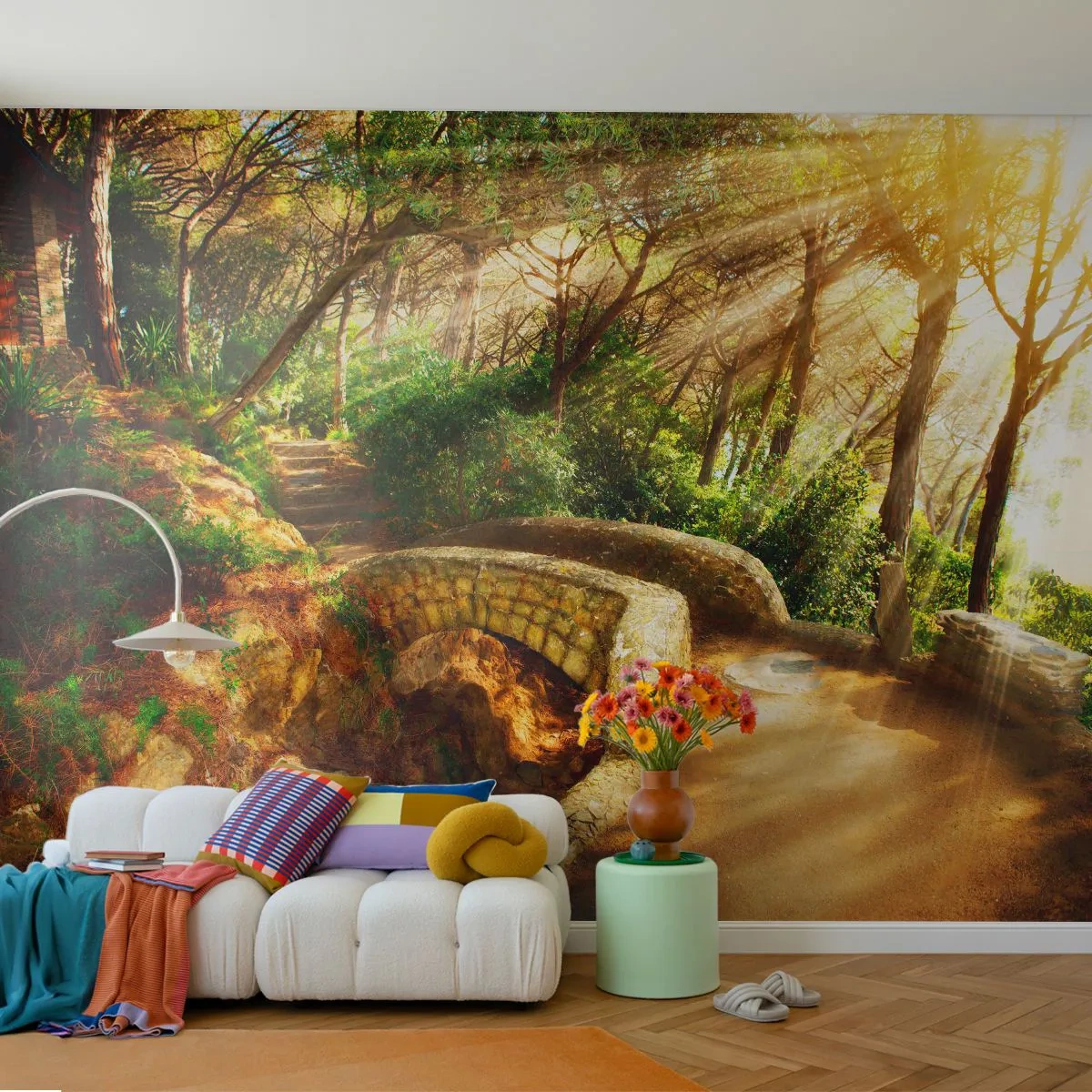 Papier Peint Photo Premium Canvas - Directement du pont dans une forêt de conte de fées - Paysages, Escaliers en pierre, Rayons du soleil - 250x175 cm