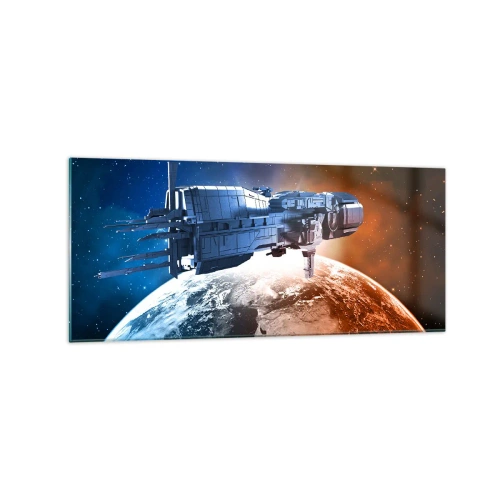 Impression sur verre - Image sur verre - Un vaisseau spatial avec en arrière-plan une planète dans l'espace - 120x50cm - Un observateur attentif - Décoration murale moderne pour le salon et la chambre ARTTOR