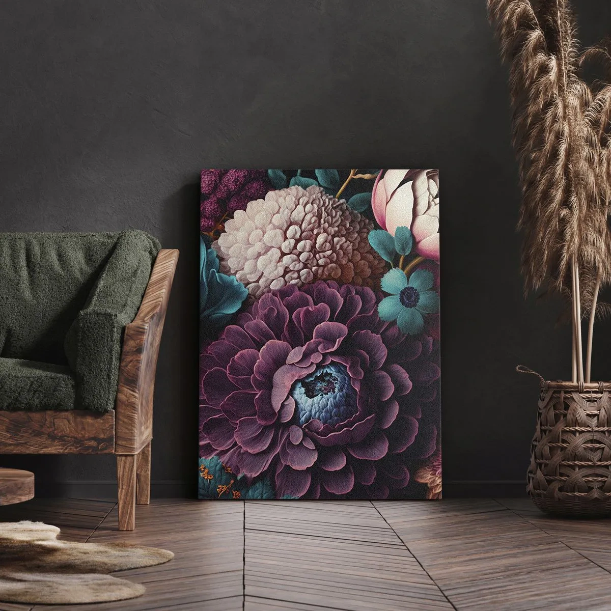 Impression sur toile - Image sur toile - Un bouquet de fleurs aux couleurs intenses sur fond sombre - 70x100cm - La nature en abondance - Décoration murale moderne pour le salon et la chambre ARTTOR