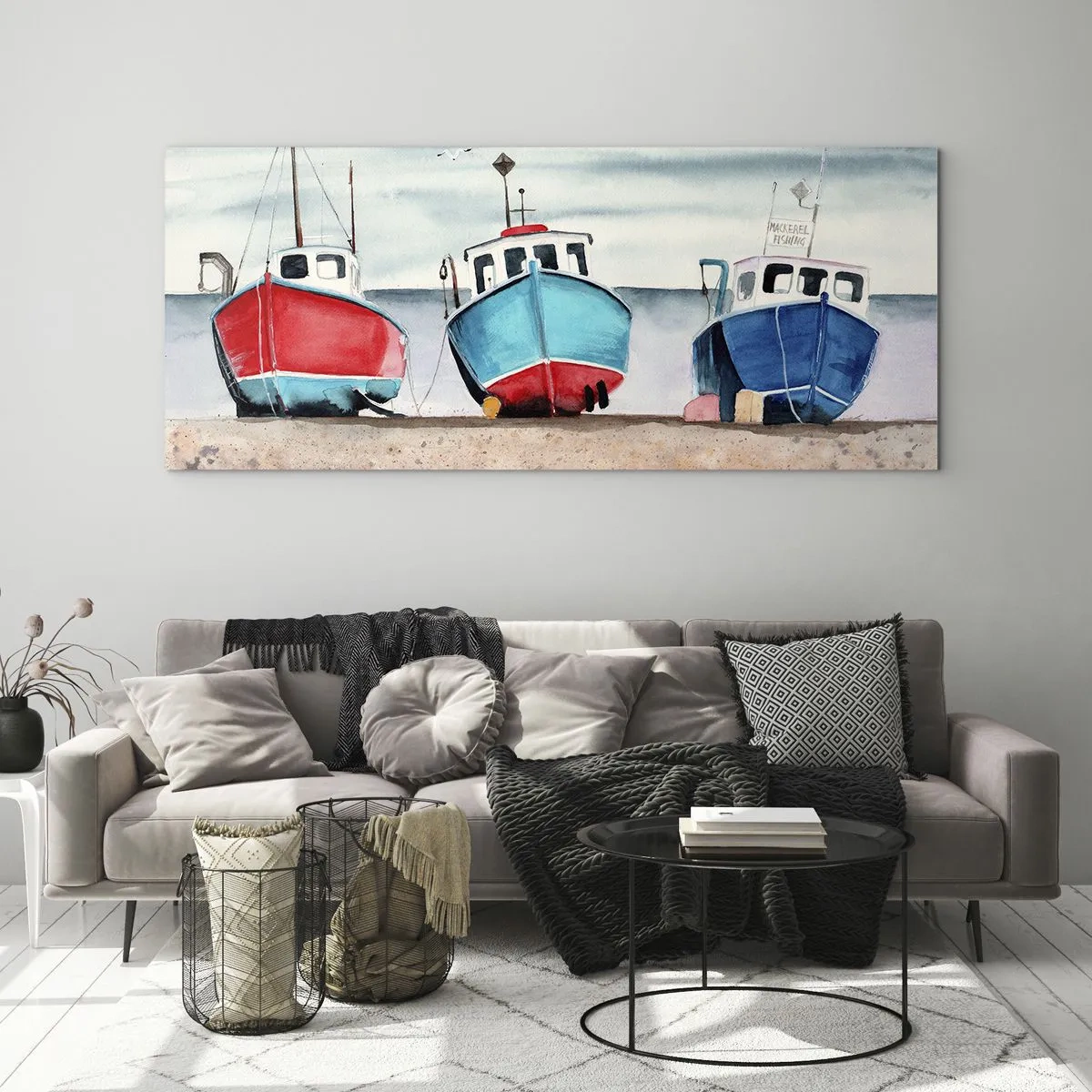 Impression sur verre - Image sur verre - Bateaux de pêche colorés sur le rivage dans un paysage marin - 160x50cm - Prêt pour la pêche - Décoration murale moderne pour le salon et la chambre ARTTOR